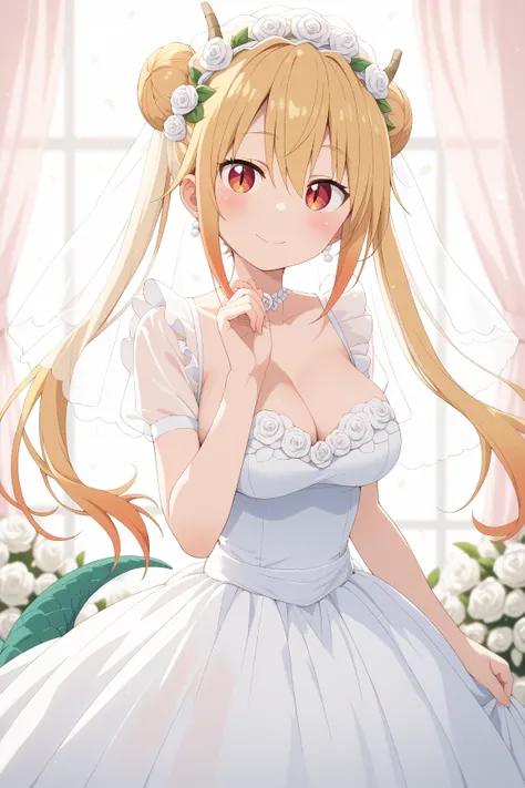 masterpiece,best quality,{{detailed beautiful face and eyes}}, very detailed background,
Tohru,{{{megami magazine}}},long hair,blonde hair,twintails,horns,{{green dragon tail:1.5}},maid headdress,red eyes,slit pupils,large breasts,
1girl,hairstyle: (weddin...