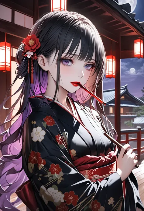  Japanese woman。Japanese Mansion。Graceful red flower pipe。 young, bewitching beauty who lazily blows a smoke tube 。 Mysterious atmosphere with purple smoke drifting 。 long hair with a purple inner color 。Stylish black yukata 。 wearing a deep green long coa...