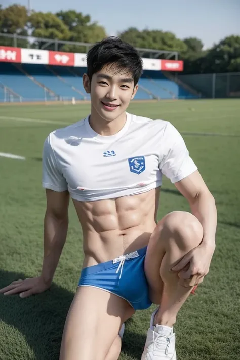   korean man ,  , 23 years old ,   korean manที่มีกล้าม  ，  football field behind  ,(White alternating blue thong panties))), cock without clothes , tight, .The target is bulging.,    not wearing a shirt, Cute smile, sexy pose 