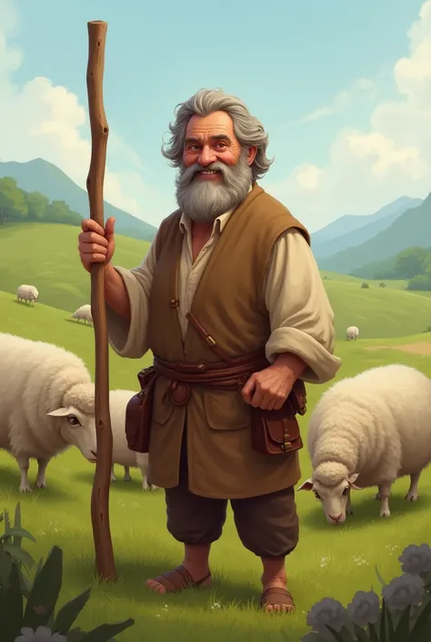 Job smiling warmly ,  holding a staff and surrounded by green fields and his sheep in the background.