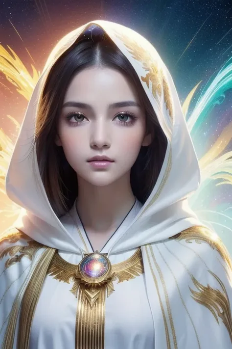 (masterpiece,  Top Quality ,  top quality ,  Official Art,  beautiful and aesthetic :1.2), ( One Girl ), Extremely detailed eyes, ( fractal art :1.3),  colorful ,  Best Details , (perfect face),  Shiny Skin,  high resolution, (white cloak with gold lines :...