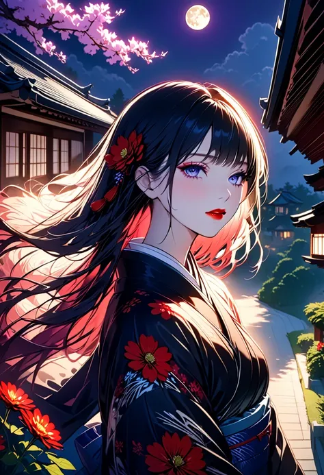  Japanese woman。Japanese Mansion。Graceful red flower pipe。 young, bewitching beauty who lazily blows a smoke tube 。 Mysterious atmosphere with purple smoke drifting 。 long hair with a purple inner color 。Stylish black yukata 。 wearing a deep green long coa...