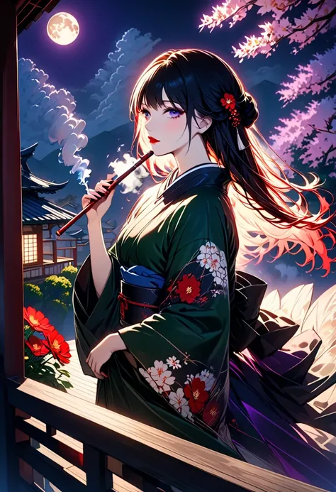  Japanese woman。Japanese Mansion。Graceful red flower pipe。 young, bewitching beauty who lazily blows a smoke tube 。 Mysterious atmosphere with purple smoke drifting 。 long hair with a purple inner color 。Stylish black yukata 。 wearing a deep green long coa...