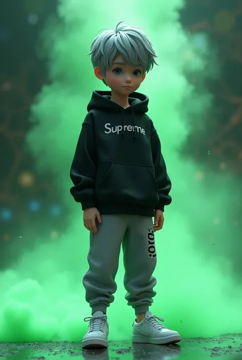 ３D rendering artwork、little cute boy character、Boy's hair color is gray、 The outfit is a black hoodie and gray NIKE sweatpants、The shoes are white Nike sneakers、The hoodie has the name “Supreme” and “Tachi” underneath、The background is green and silver pow...