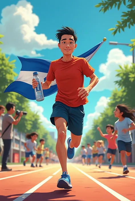 Create a cartoon of a Japanese Chinese , 32 years old,  well-groomed short hair ,  height 1.67, con short, Running carrying a flag of the country Honduras,  carrying a plastic water bottle in his hand that says PREMIUM,  with schoolchildren running around ...