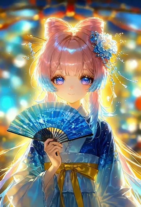 1girl, solo, long hair, looking at viewer, smile, bangs, blue eyes, hair ornament, long sleeves, holding, closed mouth, blue hair, purple eyes, upper body, pink hair, flower, multicolored hair, japanese clothes, alternate costume, hair flower, blunt bangs,...