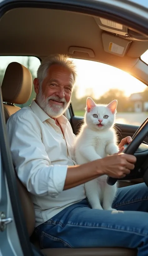 A heartwarming scene of a young white kitten and his elderly father cat sitting together in a car with big, happy smiles on their faces. The kitten, dressed in a casual yet neat outfit, sits in the driver’s seat, while the father cat, wearing old blue jean...