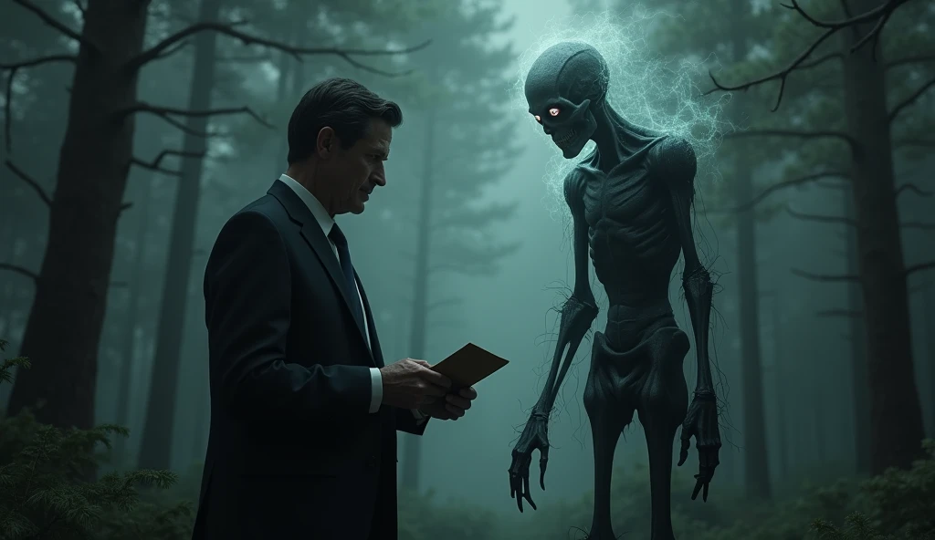 the forest. middle-aged man of European appearance in a black business suit with black short hair. A man's eyes glow white. with a diplomat in his hands . talks to an ephemeral tall, thin creature with four long arms and a skull face that is shrouded in en...