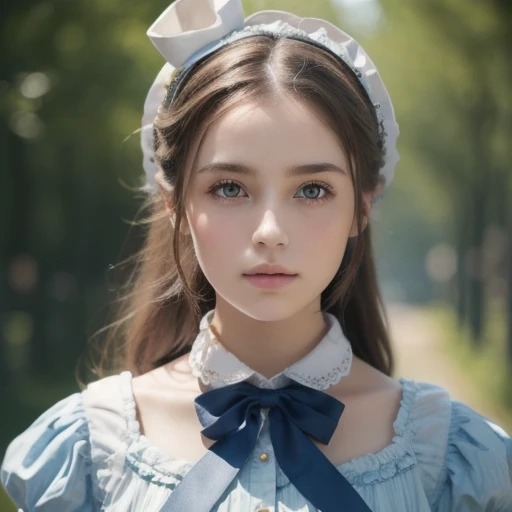  1 girl, masterpiece,  best quality, 8k,   Detailed Skin Textures ,  detailed cloth texture,  beautiful detailed faces from faces and clothes,  complicated details,  more details,  Alice in Wonderland, (A ribbon on her head:1.1),  upper body