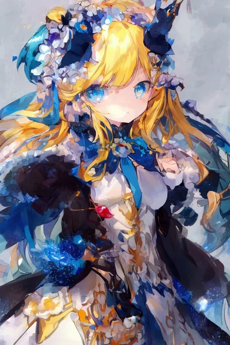 A tall anime girl with a slender body and no chest, featuring stunning, very light shiny blue eyes that sparkle. Her hair is extremely long, flowing, and bright yellow, creating a striking contrast against her delicate features. She has an ethereal, almost...