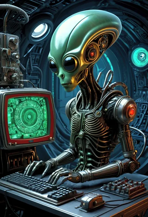  A kitsch-style illustration showing an alien inspired by Roswell with a biomechanical appearance working on a retro computer.  The alien has a large head ,  almond-shaped black eyes and grey-green skin ,  fused with elements biomechanics such as metal pla...