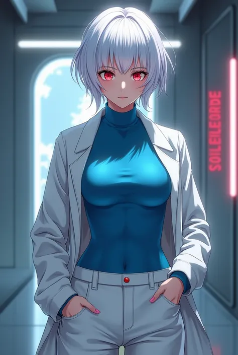 Her name is A124, generate she 21 years old, she has short white hair, red eyes, she has a blue sweater with a white lab coat, You can see her nipples through her sweater. she wears white pants, she has good attractive breasts, generate in anime style