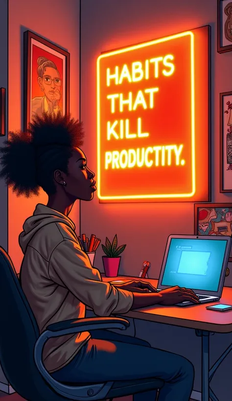 Comic book art of a black woman at home in a cozy home studio on her desk on a laptop thinking with orange noen sign “Habits That Kill Productivity”