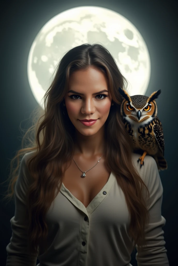  smiling woman staring intently in front , empowered, confident, with her forehead raised ,  on her right shoulder is perched an Owl ,  with the same challenging look at the front ,  surrounded by a white aura and a dark background and a bright, shining fu...