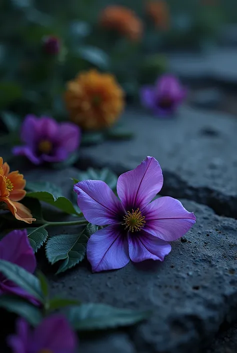 A columbine flower laying on the dark stone floor encircled by all different kinds of flower. Its dark and moody, its lonely