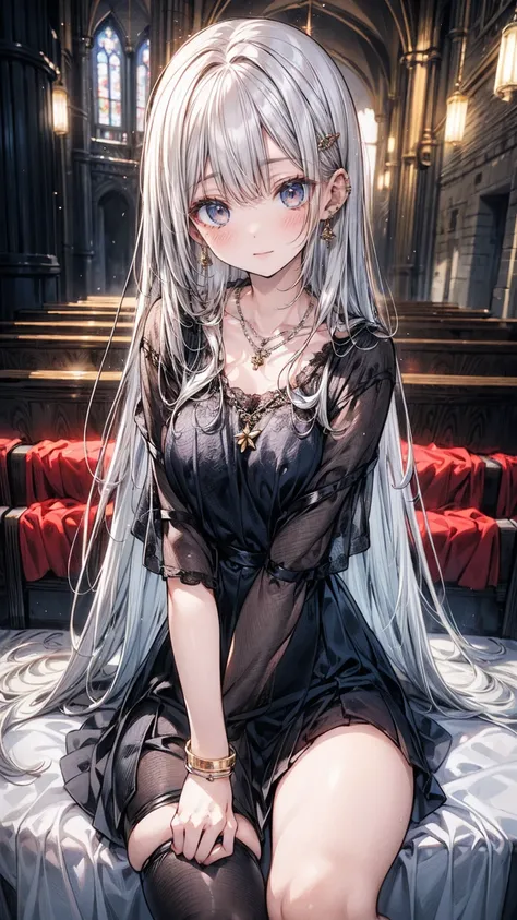 ((flat anime, 2D, 1girl:1.2)), ((12-years old:1.1, lolli:1.3)), (silver long hair:1.5), reflective hair, ((focus on breasts:1.3)), (natural skin:1.3), (natural looking makeup:1.5), (slender:1.4), ((small breast:1.5)), BREAK, ((prayer:1.3)), (necklace, earr...