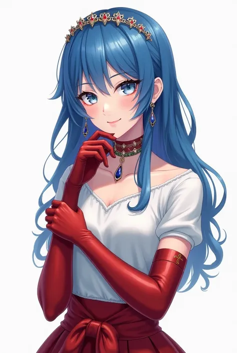   best quality ,  Amazing quality , Very aesthetic,  ridiculous results ,
 one girl, Paula , blue hair,  The long ,  Blue Eyes ,  hair band ,
Choker,  short shirt , Earrings, red bridal gloves ,  red gloves at the elbow,  waist area , red skirt,
 A smile ,...