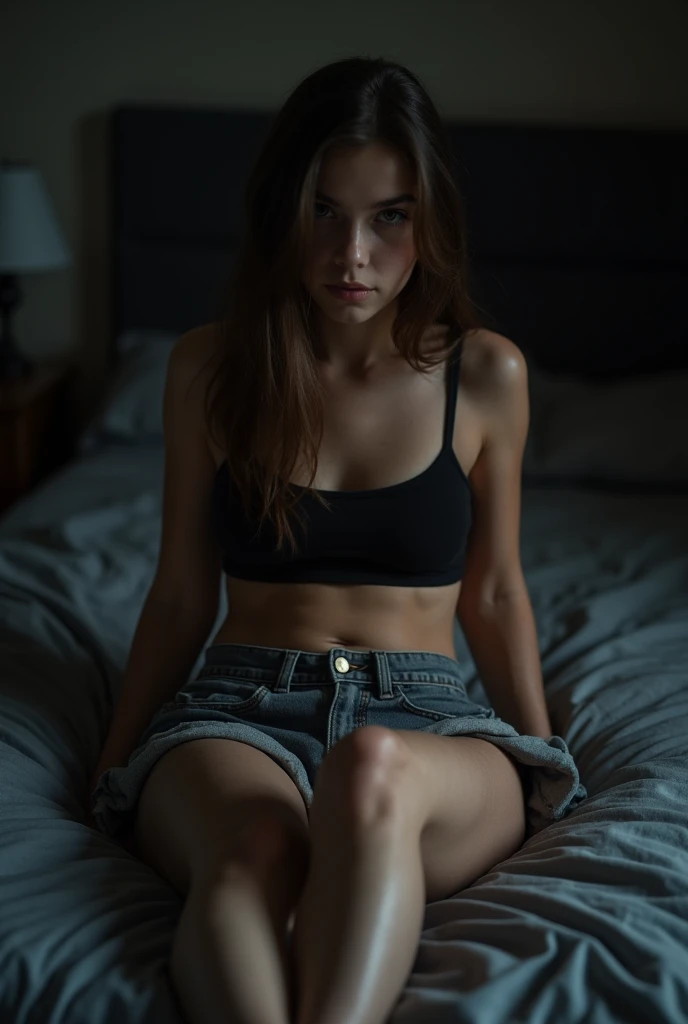 14-year-old brunette girl, gray denim shorts,  black bra ,  sitting on the bed, showing thighs and feet ,  in the dark room ,  at night,  photo taken by cell phone camera.