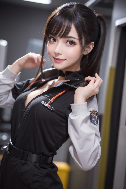 An absurd resolution, high res, (masterpiece: 1.4), super detailed , dark-haired young woman dressed as a technician, blushing and excited expression , Dark haired young woman dressed as a