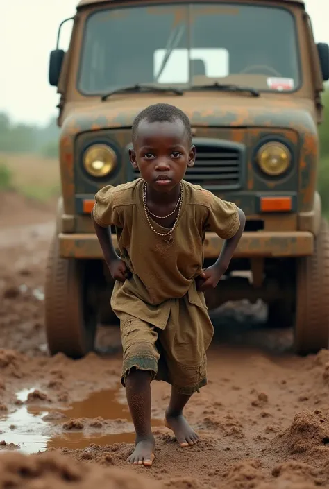 An African boy with patched clothes pushing a van in the mud