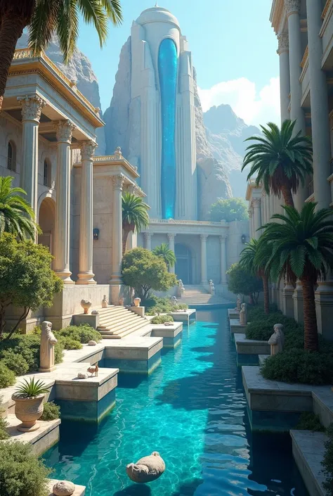 A vision of the legendary Atlantis ,  a mythological city partially submerged in crystal clear waters .  The architecture is grand ,  with colossal white marble temples ,  adorned with columns and detailed details .  Golden towers reflect sunlight ,  as wa...