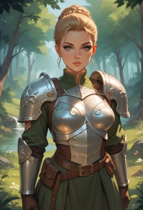 a female soldier , dressed in very beautiful metal armor in a forest setting