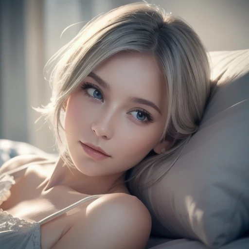 masterpiece,  top quality ,  more details, 8k, Detailed light, Detailed Shadows, born, ( detailed skin), (Genuine: 1.2),, 1. Scandinavian Girl, face, (), Gray Hair, Sleep in a comfortable bed,  Nightdress