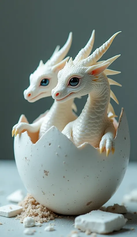  The broken egg and the dragon in the half-egg :  an hour  "sprinkling " echo ,  the egg breaks in half ,  to reveal a white baby dragon ,  its scales are shiny as snow ice .  Its two heads fit into the eggshell ,  each head with bright eyes like crystal ,...