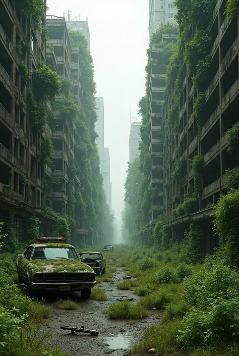 Streets of New York overgrown by grass and vines covering the bombed buildings, abandoned cars covered in vines scatter around the road