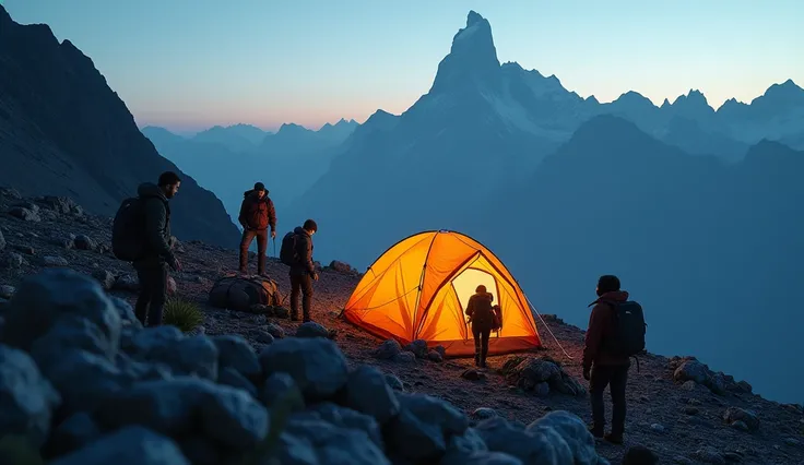 The hikers set up camp on the slope of Kholat Syakhl, their tent glowing warmly in the fading light. In ultra realistic, cinematic style.