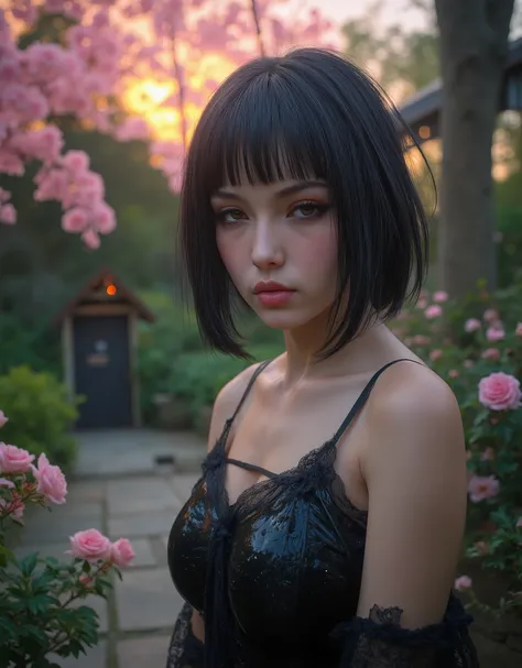 PA7_sdxl-Photo, PA7_xl-Portrait-ECU,  detailxl,  CSPNY1, d0f _v2, barnum-melancholy black hair, Blunt hair,  full lips,  dark makeup  , orange eyeliner, dark eyes,  smiling with her eyes , smile, looking a view, anatomical asymmetry, youthful face, garden,...