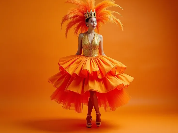 Simple orange full body carnival costume, orange tones short skirt with many layers,  gold fabric blouse