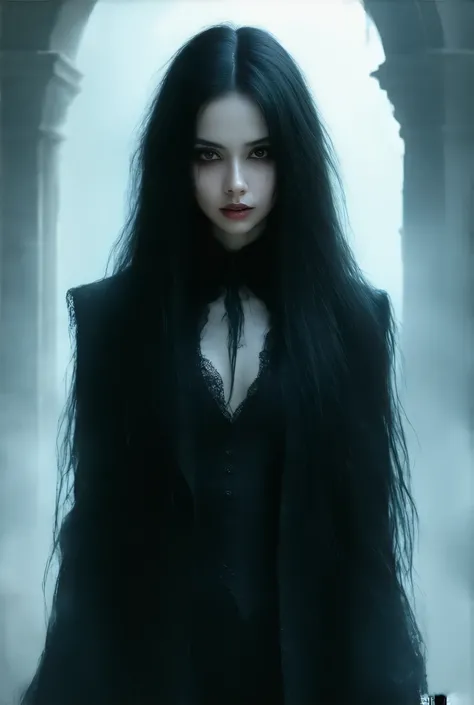 Vampire girl, long black hair, blood, horror, macabre, dark surrealism, inside a Gothic mansion background, high detail, masterpiece.