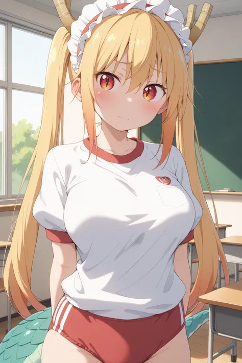 masterpiece,best quality,{{detailed beautiful face and eyes}}, very detailed background,
Tohru,{{{megami magazine}}},long hair,blonde hair,twintails,horns,{{green dragon tail:1.5}},maid headdress,red eyes,slit pupils,large breasts,
gym uniform,red buruma, ...