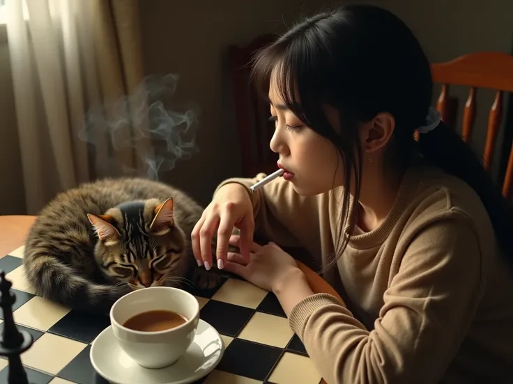 high angle camera,realistic photo,extream detail,A young asian girl smoking a cigarette,Use her hand to pet the cat,a cup of coffee and The cat sleeping are on the chess pattern table,movie poster composition