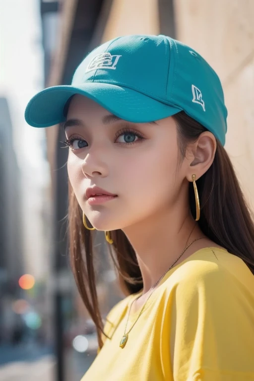  ski style, Masterpiece,  best quality ,  1 girl, ,   aqua eyes,  cap,  Closed Her Mouth ,  earrings,  has , hoop  earrings,   jewelry,  Look at the Viewer ,  shirt,   simple background, Alone,  upper body, yellow  shirt