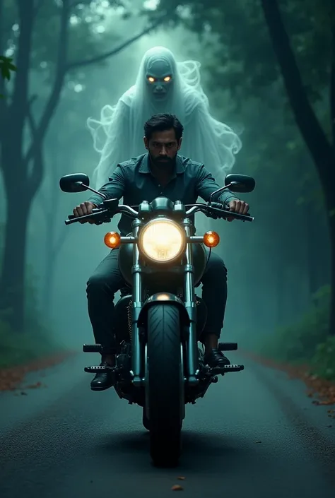 Indian Man riding motorcycle and scary ghost sitting in back seat of motorcycle 