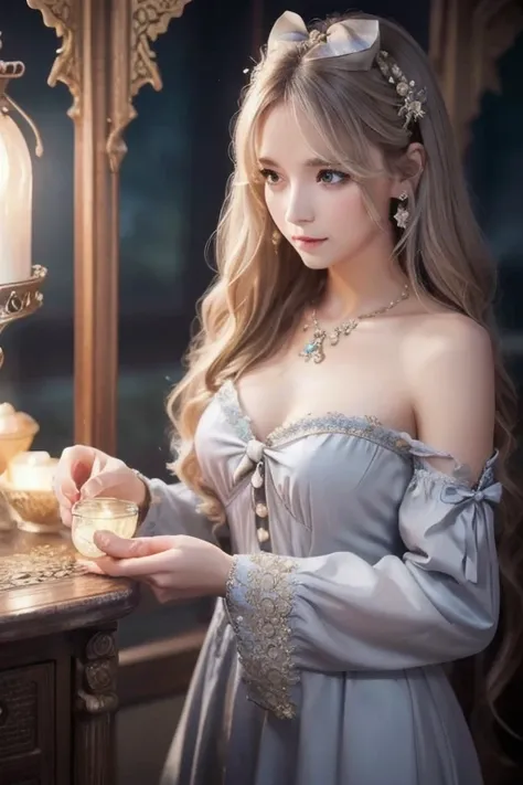  One Girl ,  long hair, Light Hair Color,  enchanting eyes,  Mysterious Expressions , Mature Appearance, Attractive dress,  Relaxed Dress, Graceful Jewels , Intricate decoration, Magic symbols, Glowing Accessories,  potion , Scroll, Cute accent, bow, ribbo...