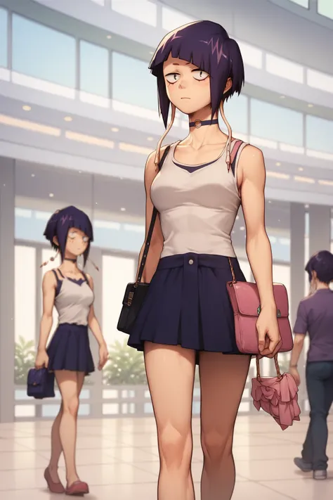 Masterpiece, best quality, super detailed, 1girl, kyoka jiro, short hair, dark purple hair, medium breasts, choker, tank top, skirt, purse, mall, walking