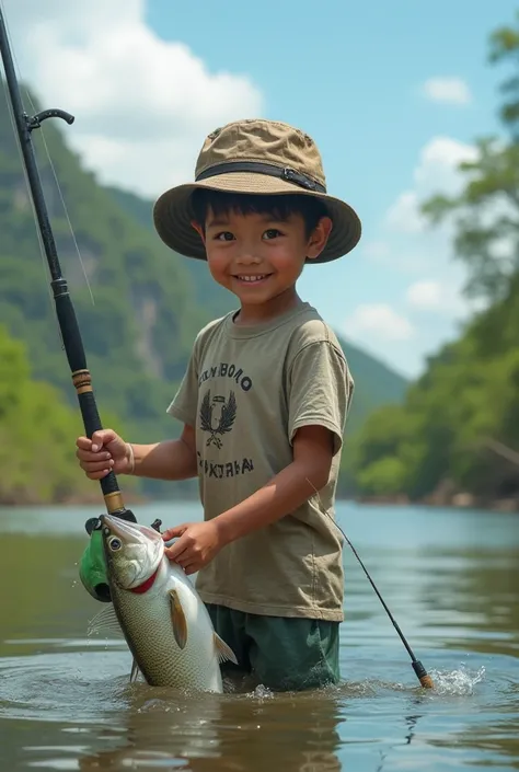 A 16-year-old Thai boy with short black hair, wearing a fishing hat, t-shirt, and shorts, standing in a river in Thailand. He is focused and determined, holding a fishing rod while battling a fish. His face shows excitement and concentration as he fights t...