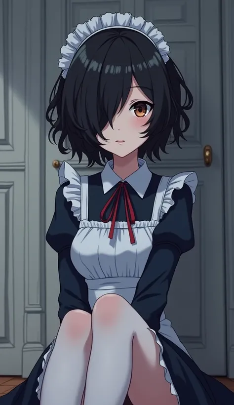  anime style. beautiful and sexy girl. She is 22 years old. Her height is 166 cm , weight 58 kg.  Her short black hair is wavy and some of her hair covers her right eye completely.  Her eyes are dull brown .  She is wearing a dark blue maid outfit, white s...