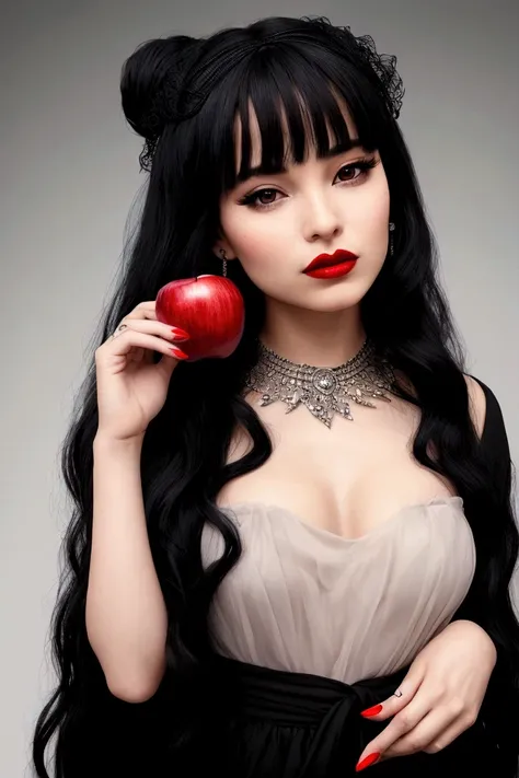 chica,long black hair，black queen， accessories，apple in hand， poisoned apples lipstick，witch queen， red lipstick 