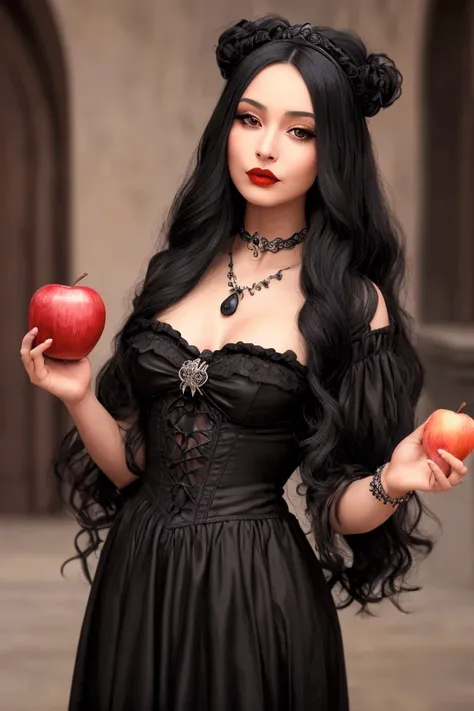 chica,long black hair，black queen， accessories，apple in hand， poisoned apples lipstick，witch queen， red lipstick 