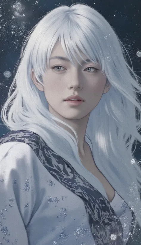 A close up of Yuki-Onna ,  with her freezing eyes looking directly at the viewer.