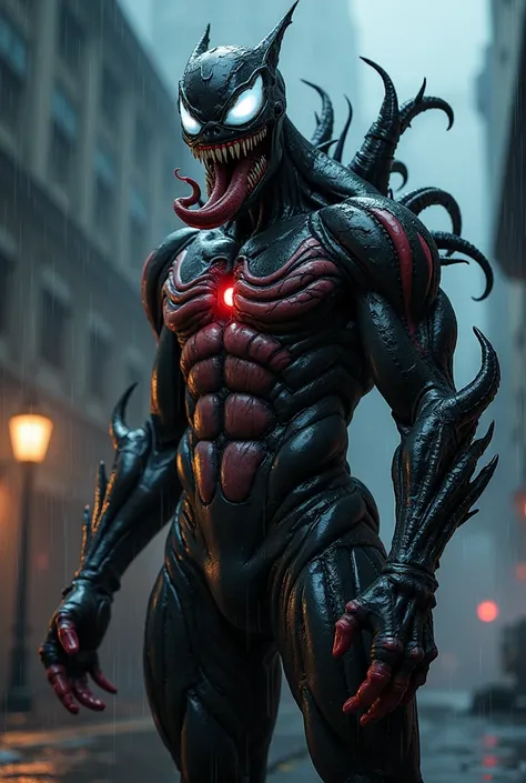 Create a hyper-realistic concept design of a hybrid between Nemesis (Resident Evil 3 Remake) and Venom (Marvel movies). Combine biomechanical and organic elements: a 3-meter-tall monster with fibrous muscles and a viscous black symbiote, mixed skin (expose...