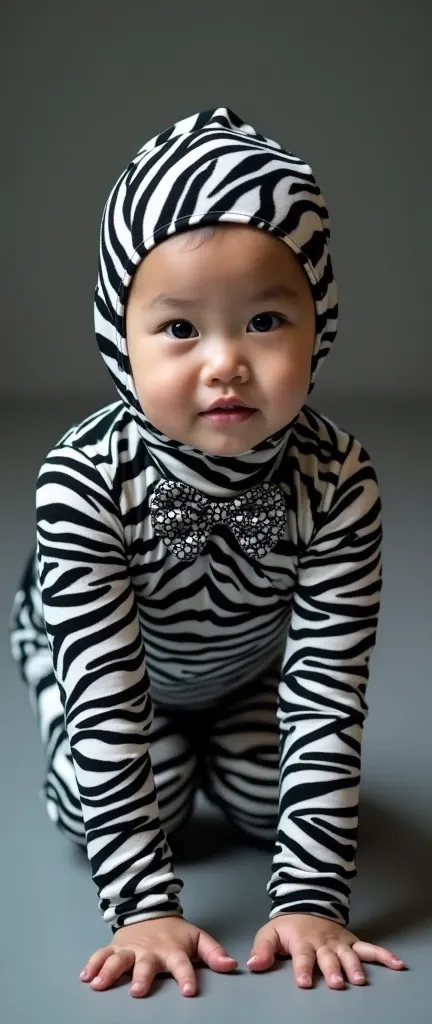 the most beautiful asian Chinese woman girl with nice beautiful cheeks wears zebra print lycra turtleneck unitard catsuit covered with black stripes and zebra print lycra nylon inner hood-like swimming cap-like dancewear costume zentai cap.She wears a zebr...