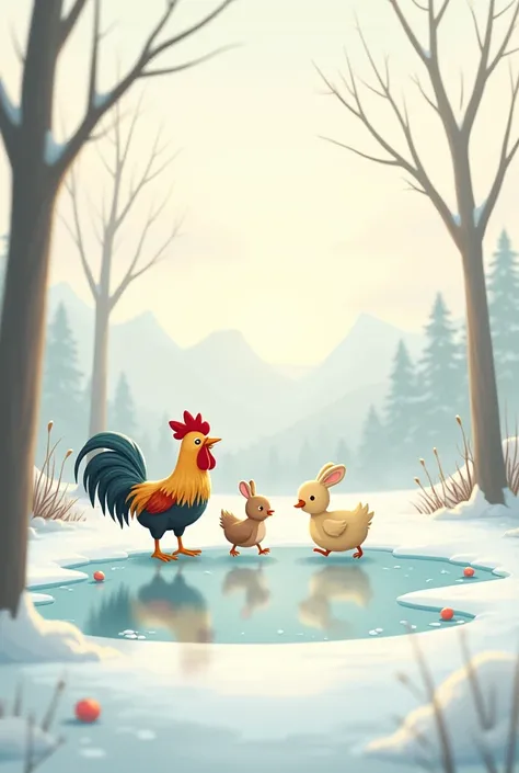 Together in this frozen world,
A trio of joy, as life unfurled.
The rooster calls, the duck does glide,
And the  skips by their side
