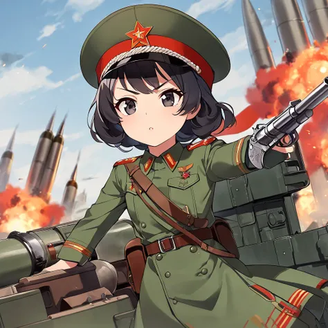 Girl, flat chest, short wavy hair, black hair, light skin, dark eyes, dark green military tunic with red patches, dark green peaked cap with a red band, holding a silver revolver, dark green skirt, black marching boots, waist belt, USSR, Soviet, MLRS, seve...