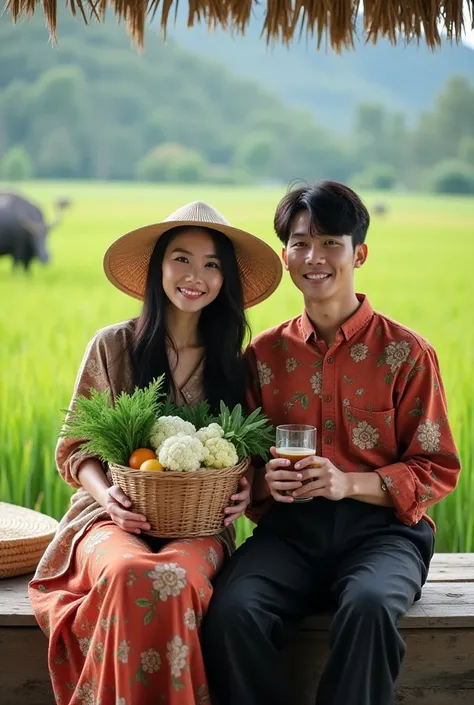 portrait of a beautiful and handsome young Korean couple, Beautiful Korean woman, long hair wearing a wooden hat while holding a basket containing Burkoli and cauliflower vegetables, wearing a modern batik kebaya, batik sarong, flip-flops, Sitting in a woo...