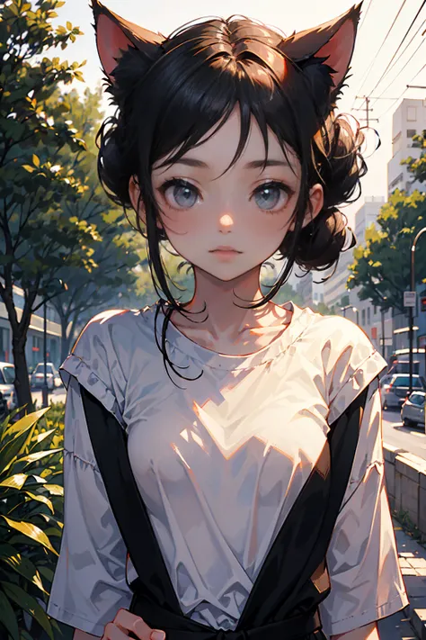 1girl, long eyelashes, messy low bun black hair, black eyes, cat ears on the top of her head,random clothes,modern city street setting, morning, soft natural lighting, trees,facing the viewer, dynamic pose, upper half body portrait.